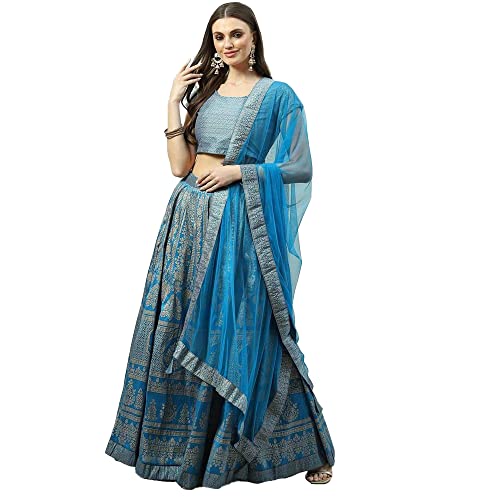 BIBA Women's Polyester Readymade Printed Flared Salwar Kurta Dupatta Lehenga Choli Set (Skdfestive 8367_Turquoise_42) - Image 4