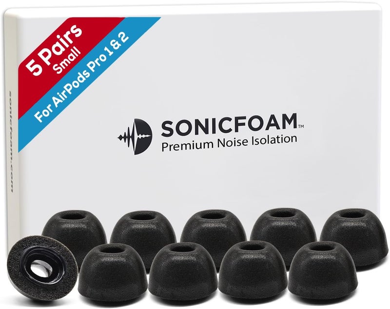SONICFOAM أطراف أذن رغوة الذاكرة – عزل صوتي متميز، أطراف أذن بديلة من الرغوة، 10 قطع لسماعات Airpods Pro 1 و 2 (SFAIR صغير، أسود) - Image 1