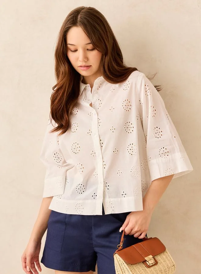 OUTZIDR White Cotton Schiffli Boxy Shirt