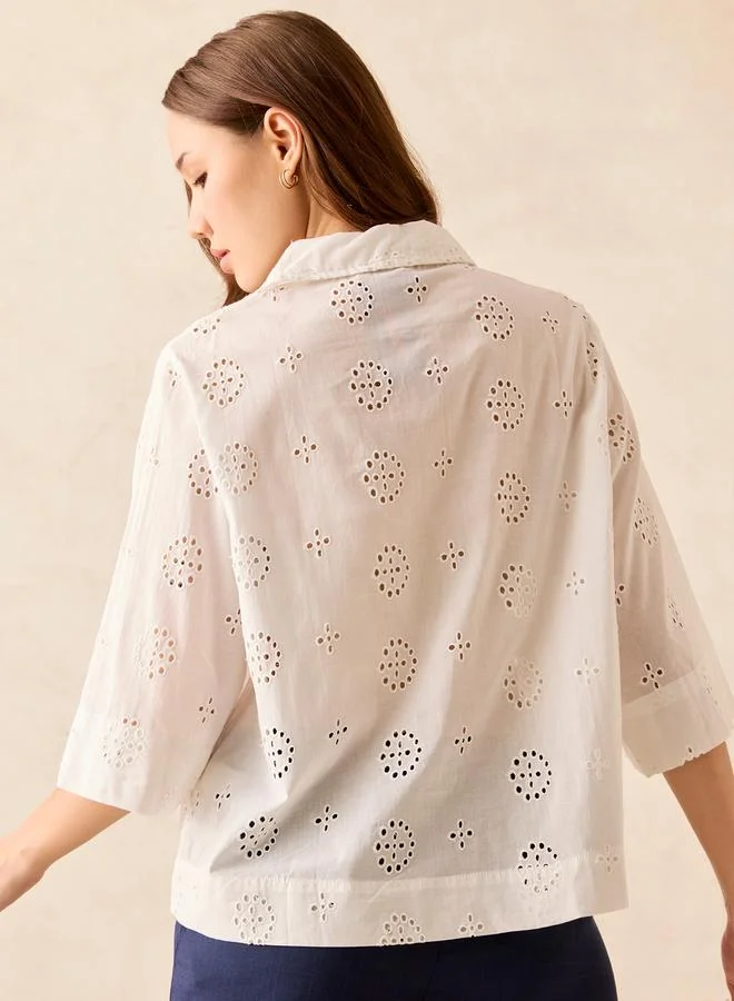 OUTZIDR White Cotton Schiffli Boxy Shirt