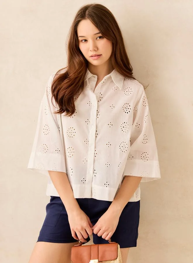 OUTZIDR White Cotton Schiffli Boxy Shirt