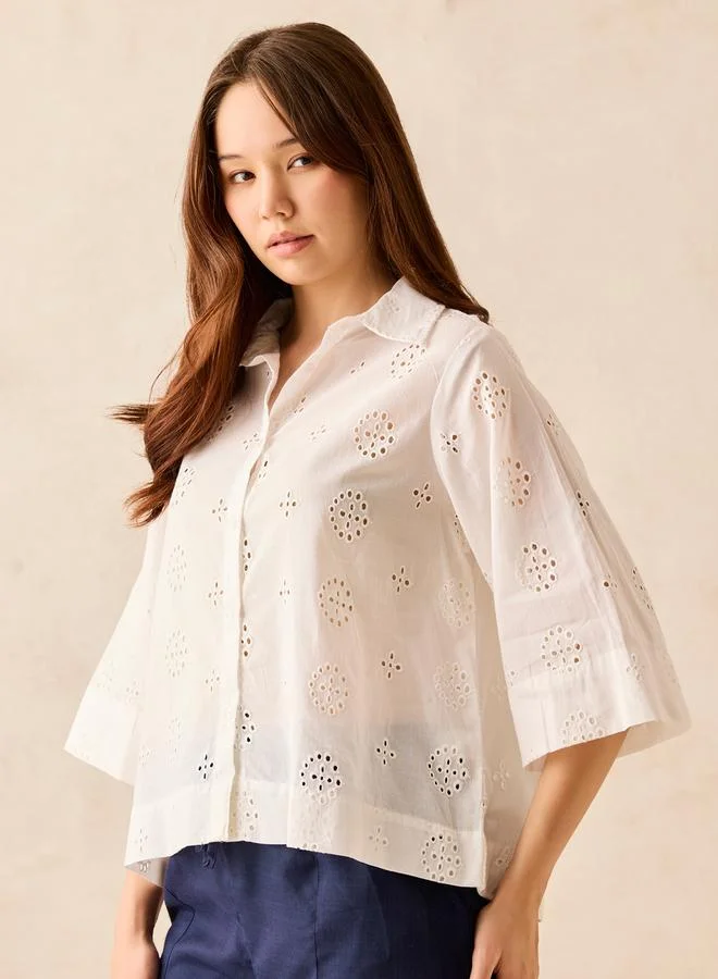 OUTZIDR White Cotton Schiffli Boxy Shirt