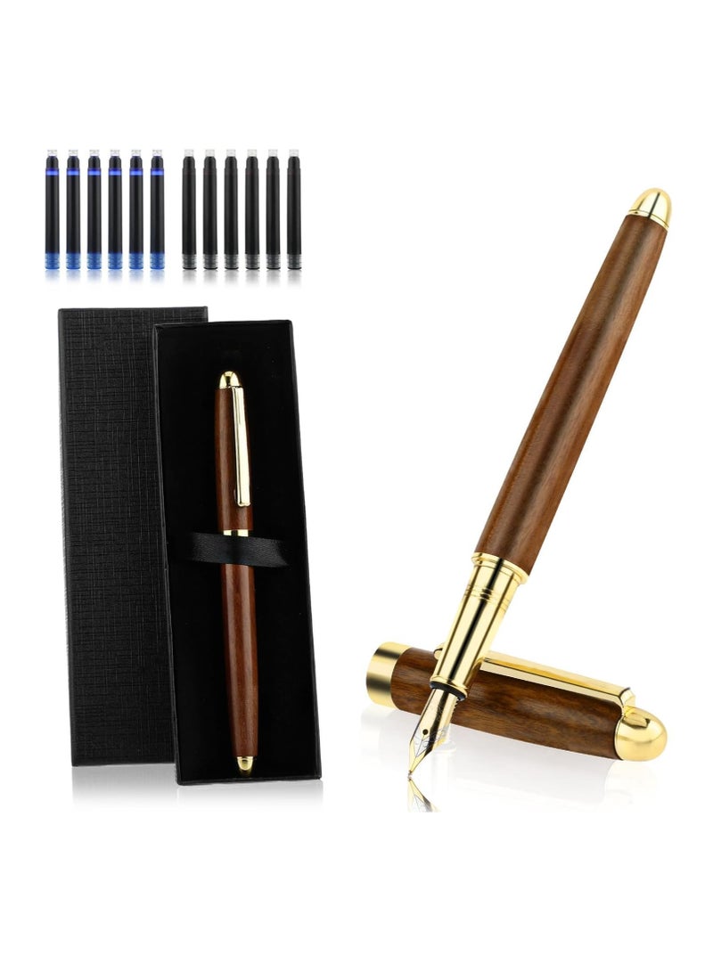 Ballpoint Pen With 12 Ink Cartridges, Vintage Luxury Wooden Ballpoint Pen Set, 0.5mm Ballpoint Pen Set With Brass Edges, Fashionable Gift Box For Students, Teachers, Schools, And Offices - Image 1