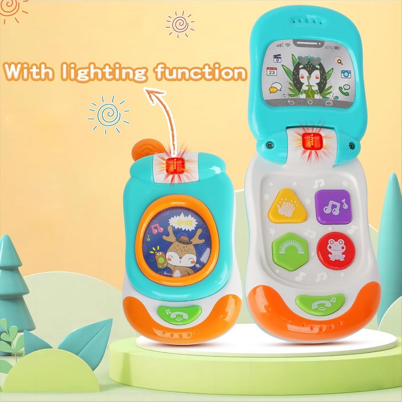 Caterbee Musical Baby Flip Phone Toy, Interactive Learning Toy with Lights and Sounds, Orange and Green, Educational Pretend Play Mobile Phone for Toddlers (Blue) - Image 4