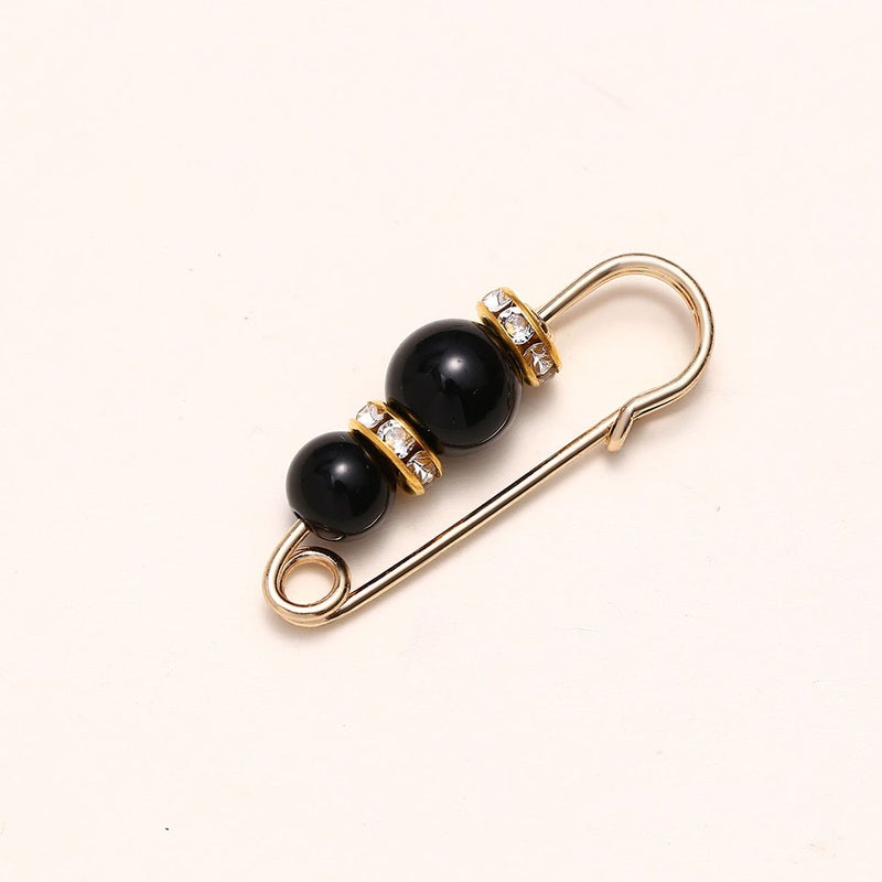 Pearl Waist Cinch Clip Brooch 3.8 Size Beads Gold Needles Black Beads Gold Diamond