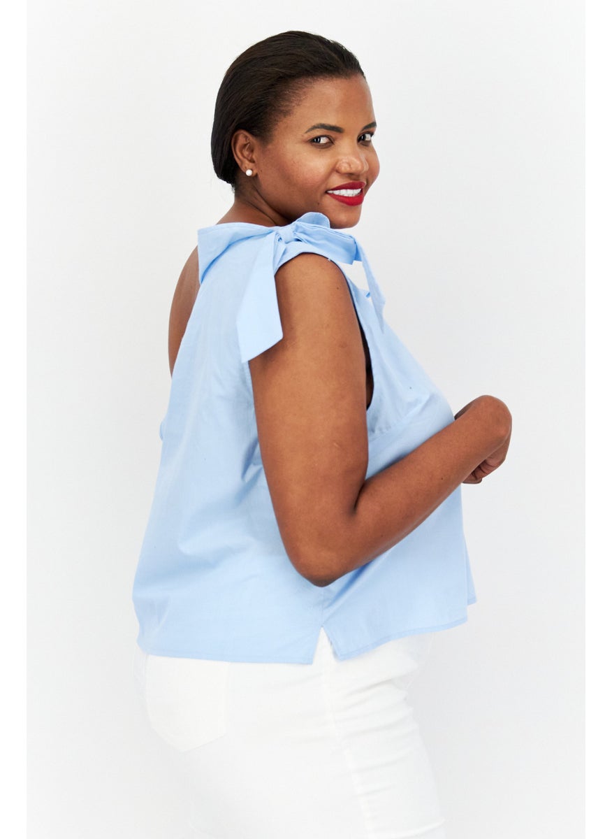 Riley & Rae - Women Asymmetrical Neckline One Shoulder Sleeves Solid Blouse, Sky Blue - Image 1