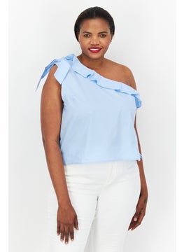 Women Asymmetrical Neckline One Shoulder Sleeves Solid Blouse, Sky Blue