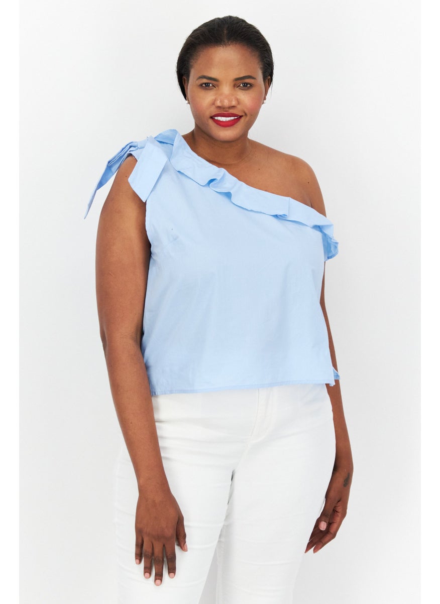 Riley & Rae - Women Asymmetrical Neckline One Shoulder Sleeves Solid Blouse, Sky Blue - Image 1