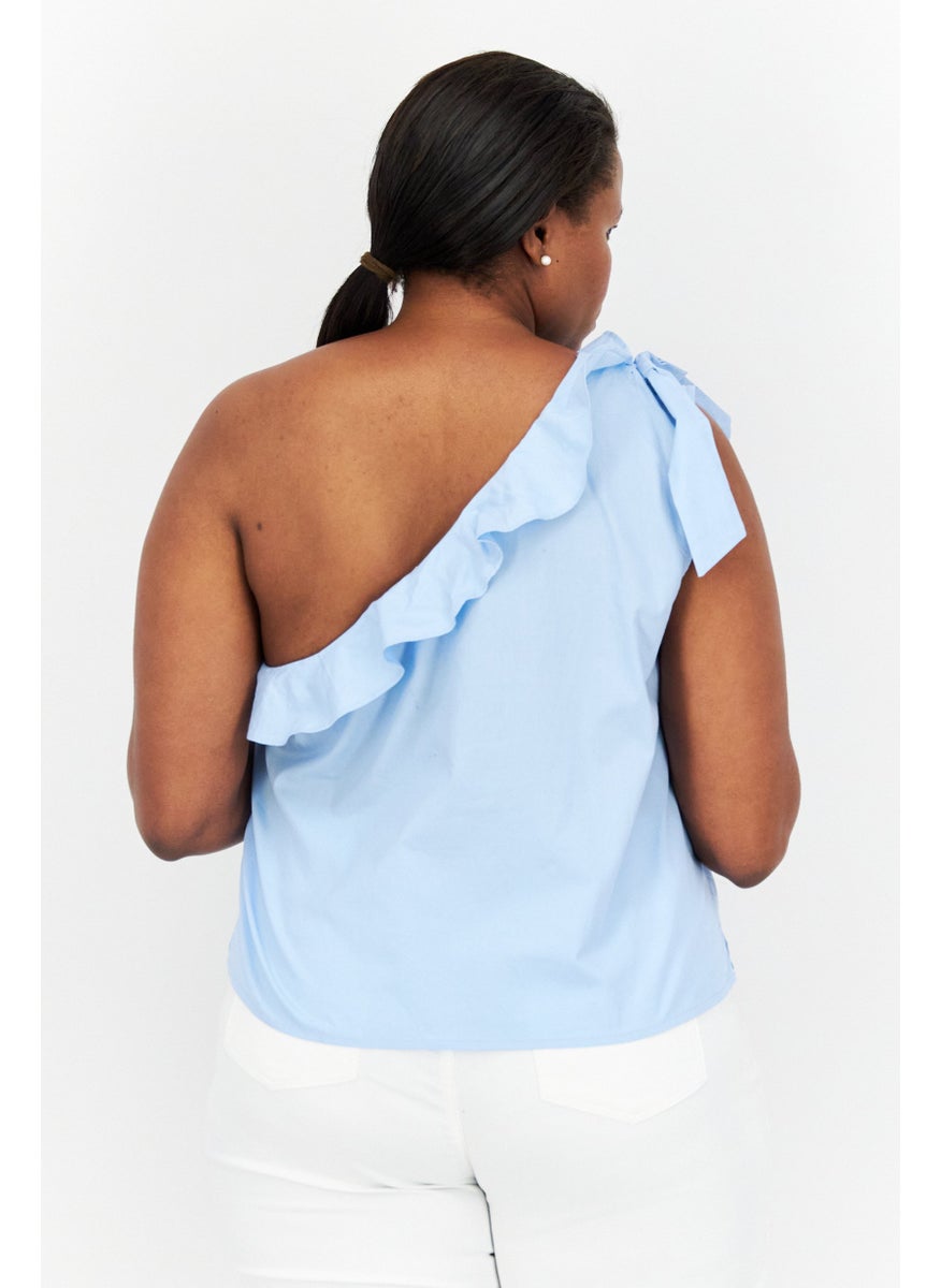 Riley & Rae - Women Asymmetrical Neckline One Shoulder Sleeves Solid Blouse, Sky Blue - Image 1