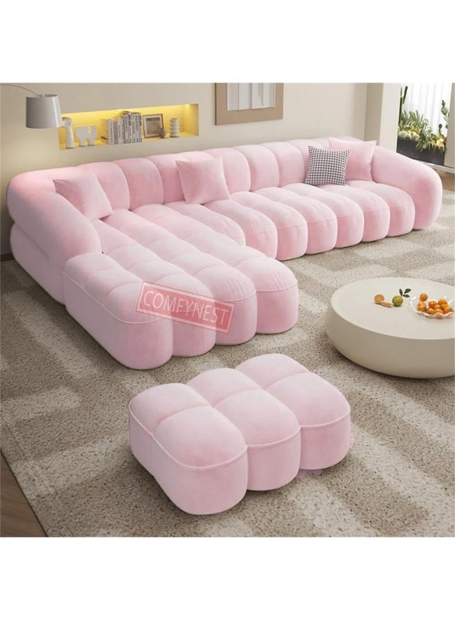 Comfynest Plush Fabric Marshmallow Sofa Set – Overstuffed Comfort with Versatile Color and Size Options (Light Pink, L Shape with Ottoman)