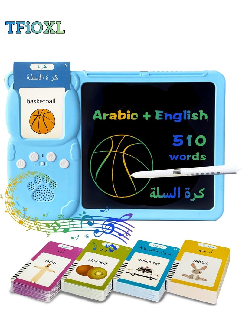TFiOXL بطاقات تعليمية ناطقة ثنائية اللغة الإنجليزية والعربية جهاز لوحي LCD 8 بوصات للأطفال 3-12 سنة للتعلم اليومي الكتابة والرسم بلوحة زرقاء هدية تعليمية للأطفال - Image 1