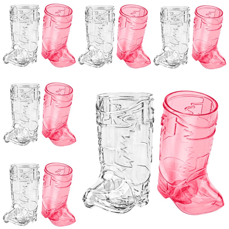 SAIAOKJ Cowboy Boot Shot Glasses, 12 Pcs 1 Oz Mini Plastic Boot Shot Glass, Reusable Plastic Cups for Cowboy Cowgirl Western Theme Party Supplies Bachelorette Birthday Party Favors (Rose Red&Clear) - Image 1