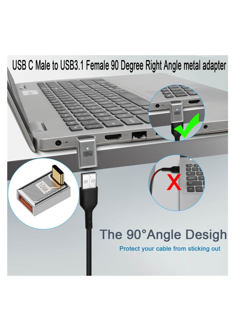 120W 90° Angle USB C to USB3.1 OTG Adapter, 2 Pcs 10Gbps USB C Male to USB3.1 Female Right Angle Data Connector, 24V5A Charging/Zn Alloy/LED, for Phone Tablet Steam Deck, Silver/Positive Bend - Image 2