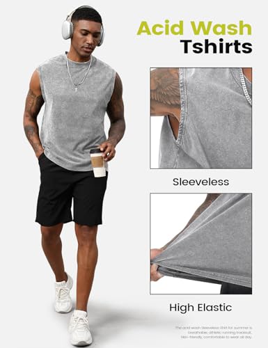 Yimoon Mens Tank Tops Workout Sleeveless Shirts Cotton Acid Wash Tees Loose Gym Muscle Shirts(BlackGreyBeige-XXL) - Image 4