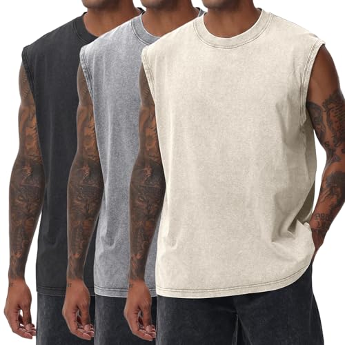 Yimoon Mens Tank Tops Workout Sleeveless Shirts Cotton Acid Wash Tees Loose Gym Muscle Shirts(BlackGreyBeige-XXL) - Image 1
