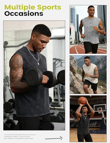 Yimoon Mens Tank Tops Workout Sleeveless Shirts Cotton Acid Wash Tees Loose Gym Muscle Shirts(BlackGreyBeige-XXL) - Image 2
