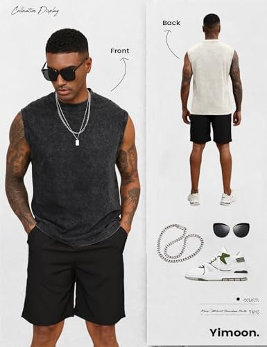 Yimoon Mens Tank Tops Workout Sleeveless Shirts Cotton Acid Wash Tees Loose Gym Muscle Shirts(BlackGreyBeige-XXL) - Image 5