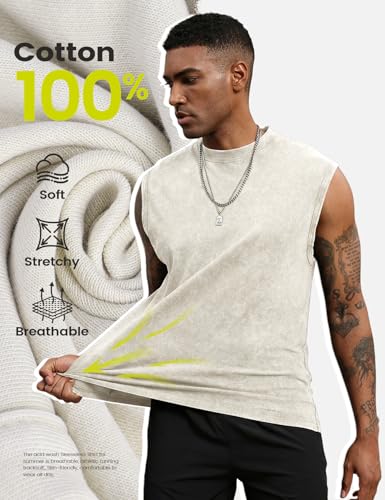 Yimoon Mens Tank Tops Workout Sleeveless Shirts Cotton Acid Wash Tees Loose Gym Muscle Shirts(BlackGreyBeige-XXL) - Image 3