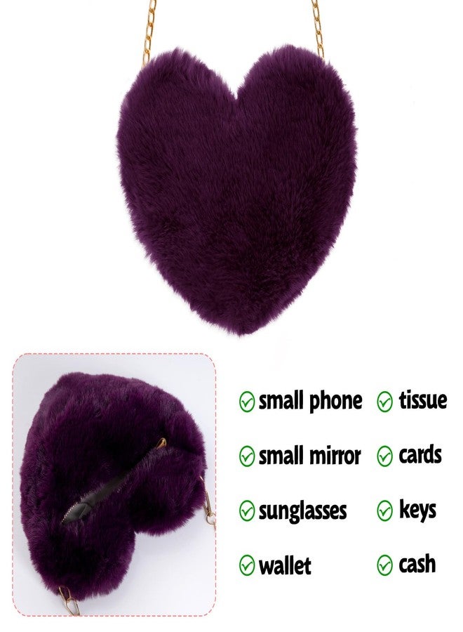 Miayon Heart Shaped Faux Fur Clutch Purse Fluffy Crossbody Shoulder Bag for Women Halloween Christmas Valentine, Dark Purple, 8 x 9.5 inches (body) + 20 inches (chain), Fluffy - Image 3