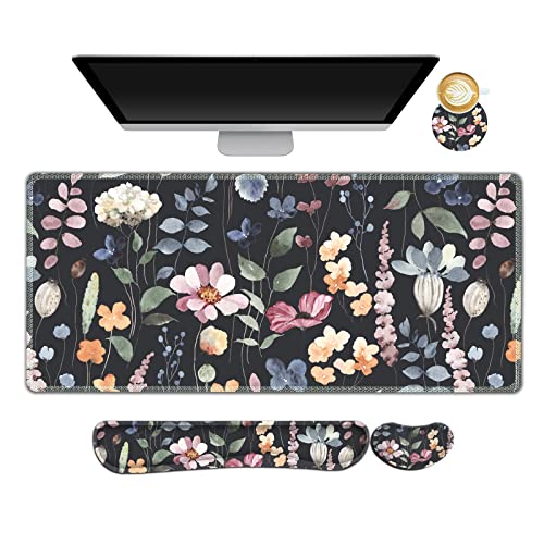 ARTSO Gaming Mouse Pad Wrist Support Set XXL Large Desk Mat Mousepad Keyboard Wrist Support Mouse Wrist RestCoaster 4in1 Ergonomic Memory Foam Stitched Edge for Home Office Flowers Plants - Image 1