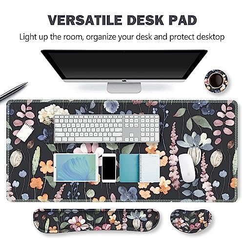 ARTSO Gaming Mouse Pad Wrist Support Set XXL Large Desk Mat Mousepad Keyboard Wrist Support Mouse Wrist RestCoaster 4in1 Ergonomic Memory Foam Stitched Edge for Home Office Flowers Plants - Image 3