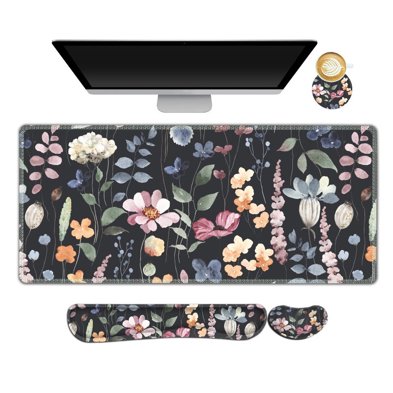 ARTSO Gaming Mouse Pad Wrist Support Set XXL Large Desk Mat Mousepad Keyboard Wrist Support Mouse Wrist RestCoaster 4in1 Ergonomic Memory Foam Stitched Edge for Home Office Flowers Plants - Image 2