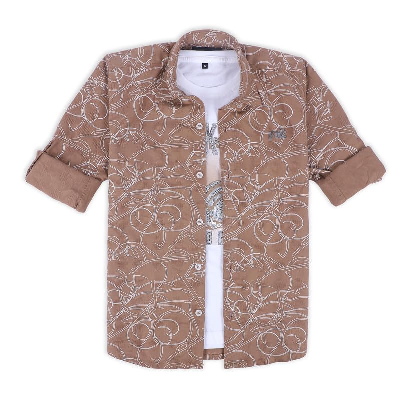 CHARCHIT Boys Full Sleeves Geometric Printed Shirt and T-Shirt in Khaki - Image 1