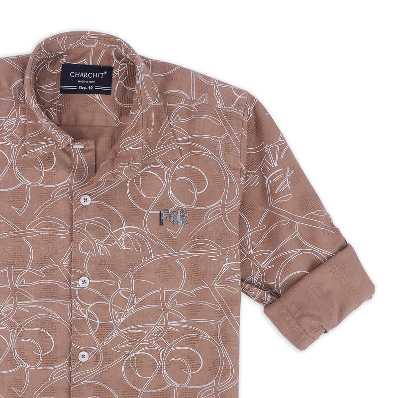 CHARCHIT Boys Full Sleeves Geometric Printed Shirt and T-Shirt in Khaki - Image 3