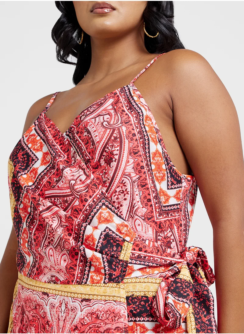 Ginger Plus Strappy Boho Print Wrap Dress With Side Slit