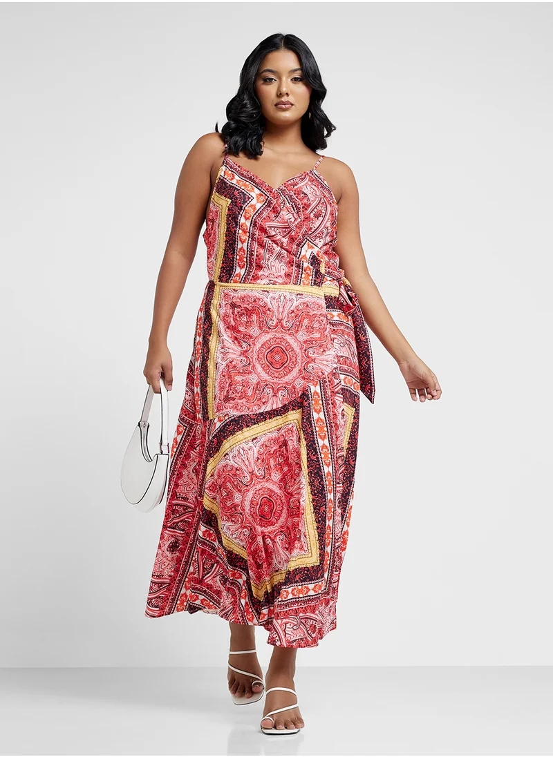Ginger Plus Strappy Boho Print Wrap Dress With Side Slit
