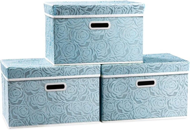 PRANDOM Medium Storage Box with Lid,Blue,38x25x25cm[3 pieces] | Foldable,Fabric Decorative Storage Bin,Cube Organizer Container Basket,With Handles,For Bedroom Cupboard Living Room - Image 1