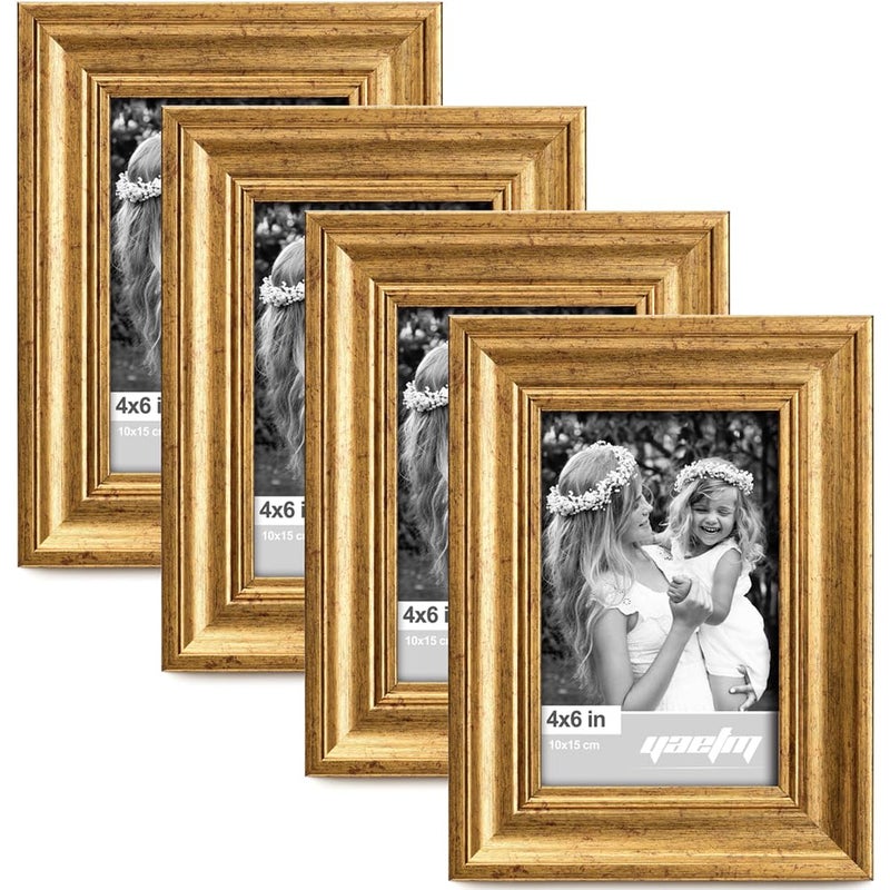 Yaetm 4x6 Picture Frame Gold Set of 4  1.4  Wide Molding & Rustic Gold Photo Frames with HD Tempered Glass  Display on Table Top & Wall Mounting (4 pack  Gold) - Image 1