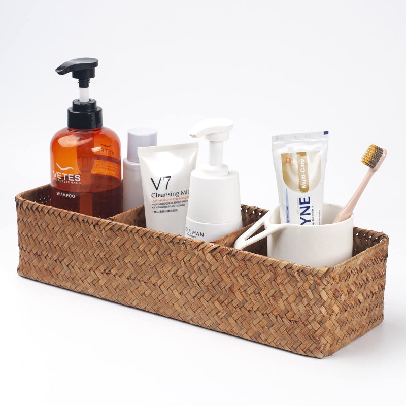 DOKOT Seagrass Storage Basket Woven Shelf Baskets for Bathroom Vanity Dresser Caddy Organizer 14.6inch x 4.7inch x 3.1inch - Image 1