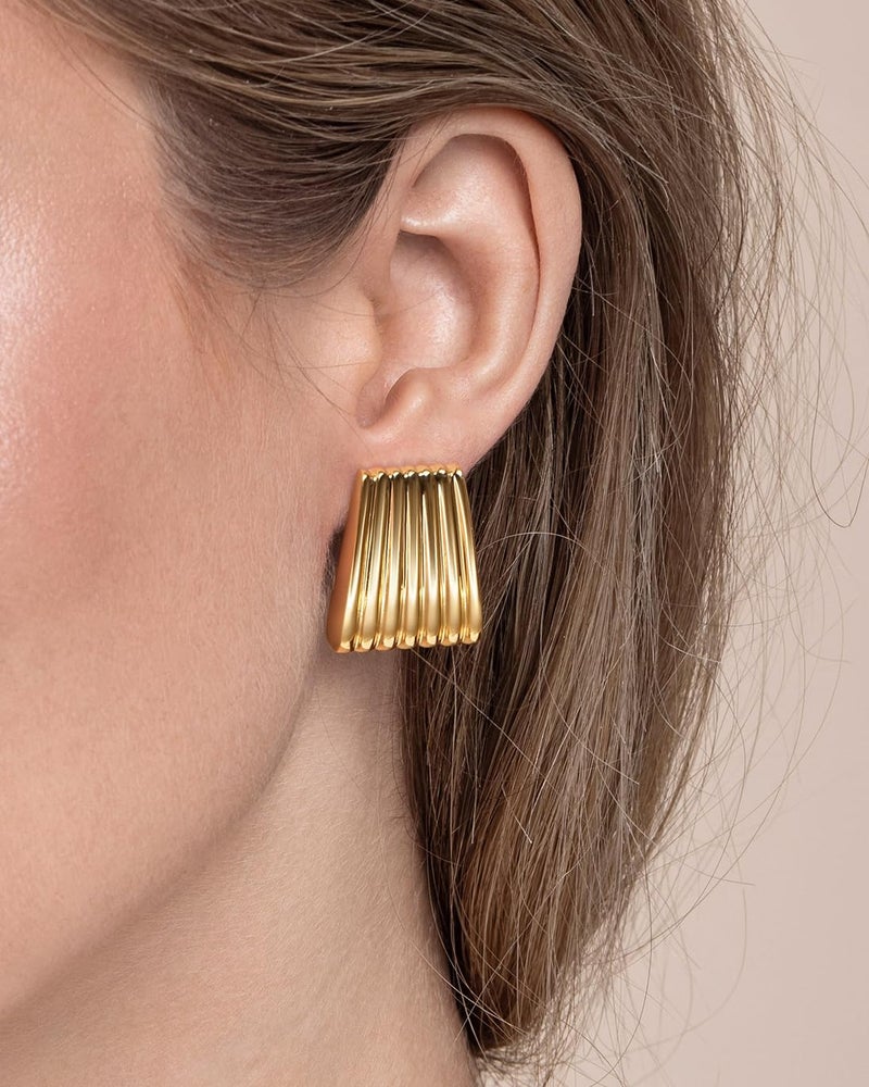 SNGIA Chunky Statement Earrings for Women by SNGIA (18K gold plated, silver plated Plated), Small Handmade Trendy Stud Ribbed Jewelry Gifts, Rectangle Huggies Fashion Button Accessories, Vintage Thick Square Nickle Free Huggie Earring. - Image 3
