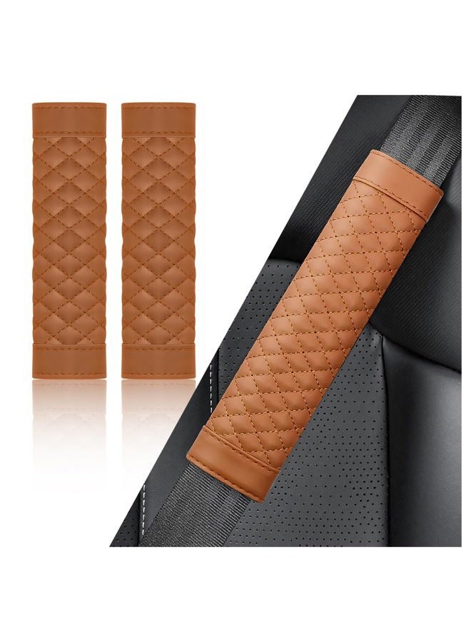 carleef 2PCS Car Seat Belt Cover Pad,Soft Leather Seatbelt Covers Breathable Seatbelt Cushion with Plaid Design,All Seasons Universal Car Interior Accessories Seat Belt Cover for Kids & Adults (Brown) - Image 1