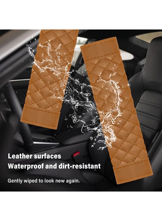 carleef 2PCS Car Seat Belt Cover Pad,Soft Leather Seatbelt Covers Breathable Seatbelt Cushion with Plaid Design,All Seasons Universal Car Interior Accessories Seat Belt Cover for Kids & Adults (Brown) - Image 4