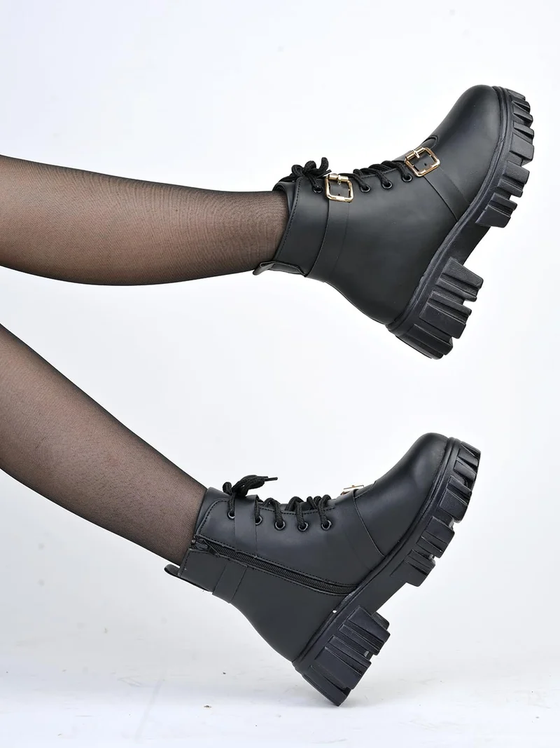 شوتوبيا Shoetopia Women's Black Ankle Boots with Low Heel & Gold Buckle – Stylish Slip-Resistant Short Boots for Casual & Party Footwear EU41