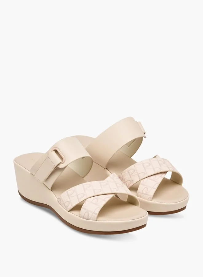 بابريكا Women's Monogram Print Slip-On Cross-Strap Sandals With Wedge Heel