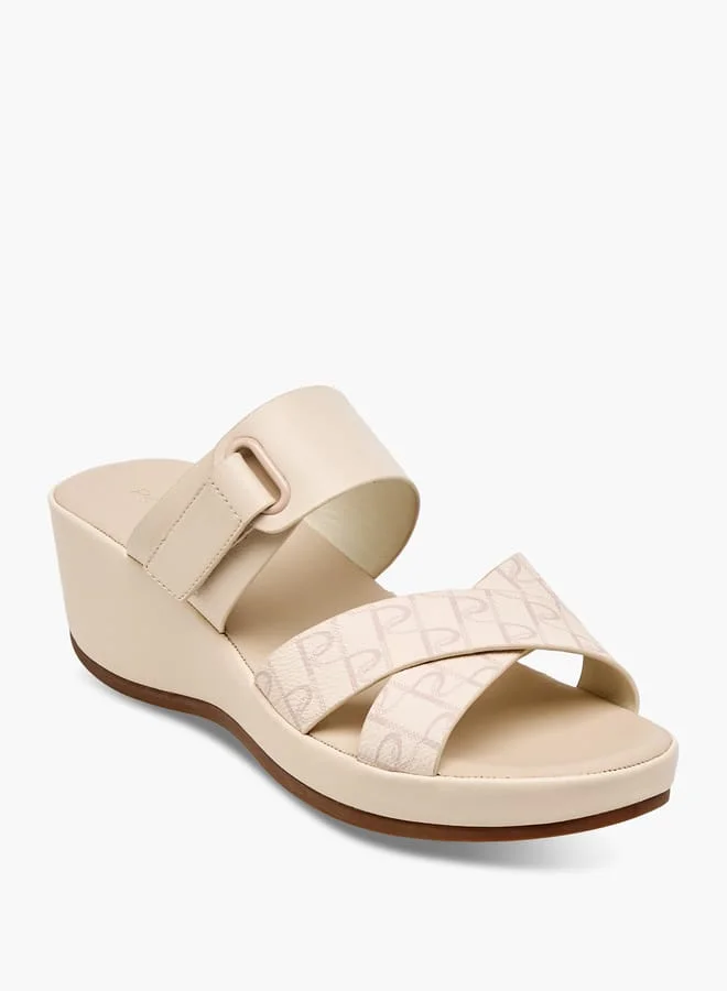 بابريكا Women's Monogram Print Slip-On Cross-Strap Sandals With Wedge Heel