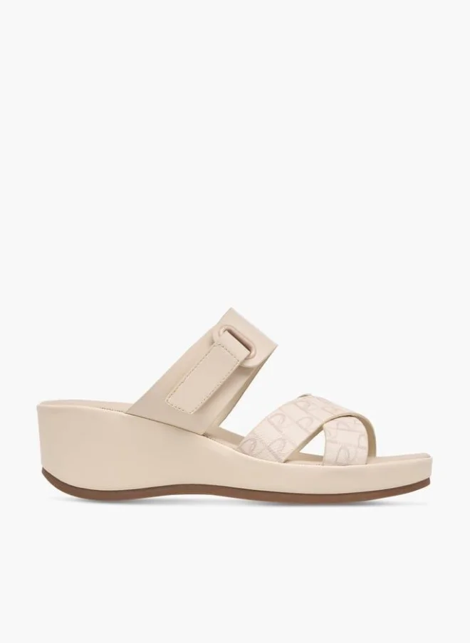Women's Monogram Print Slip-On Cross-Strap Sandals With Wedge Heel
