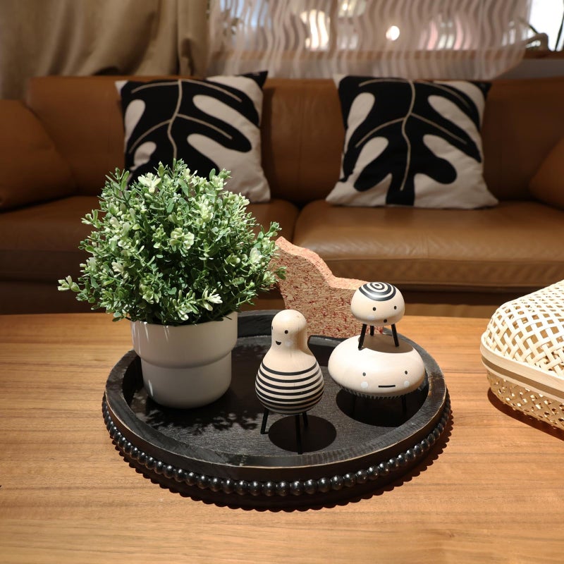 Hrastany Round Wooden Serving Tray with Beads, Circle Vintage Black Wood Coffe Table Tray for Dining Room Table Centerpiece, Kitchen Counter - Image 5
