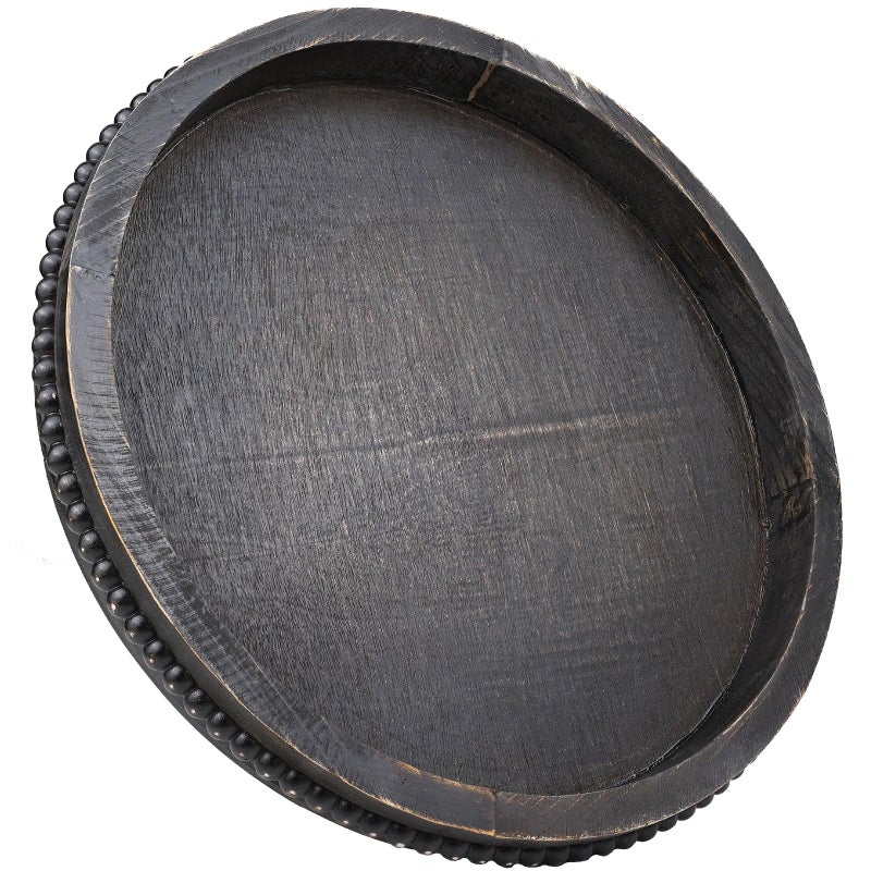 Hrastany Round Wooden Serving Tray with Beads, Circle Vintage Black Wood Coffe Table Tray for Dining Room Table Centerpiece, Kitchen Counter - Image 1