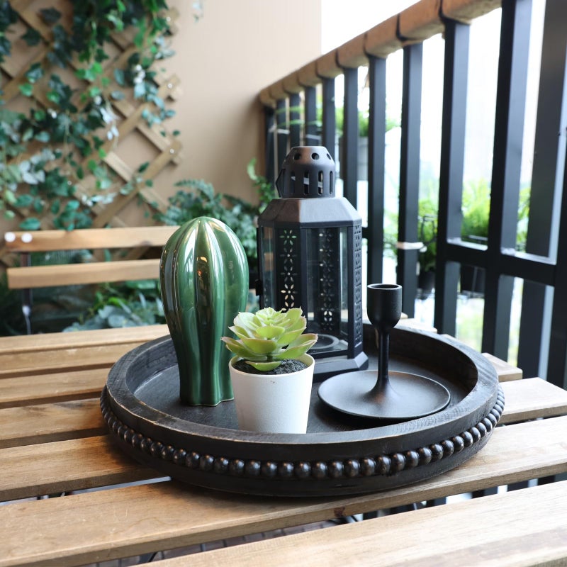 Hrastany Round Wooden Serving Tray with Beads, Circle Vintage Black Wood Coffe Table Tray for Dining Room Table Centerpiece, Kitchen Counter - Image 4