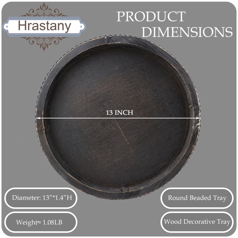Hrastany Round Wooden Serving Tray with Beads, Circle Vintage Black Wood Coffe Table Tray for Dining Room Table Centerpiece, Kitchen Counter - Image 2