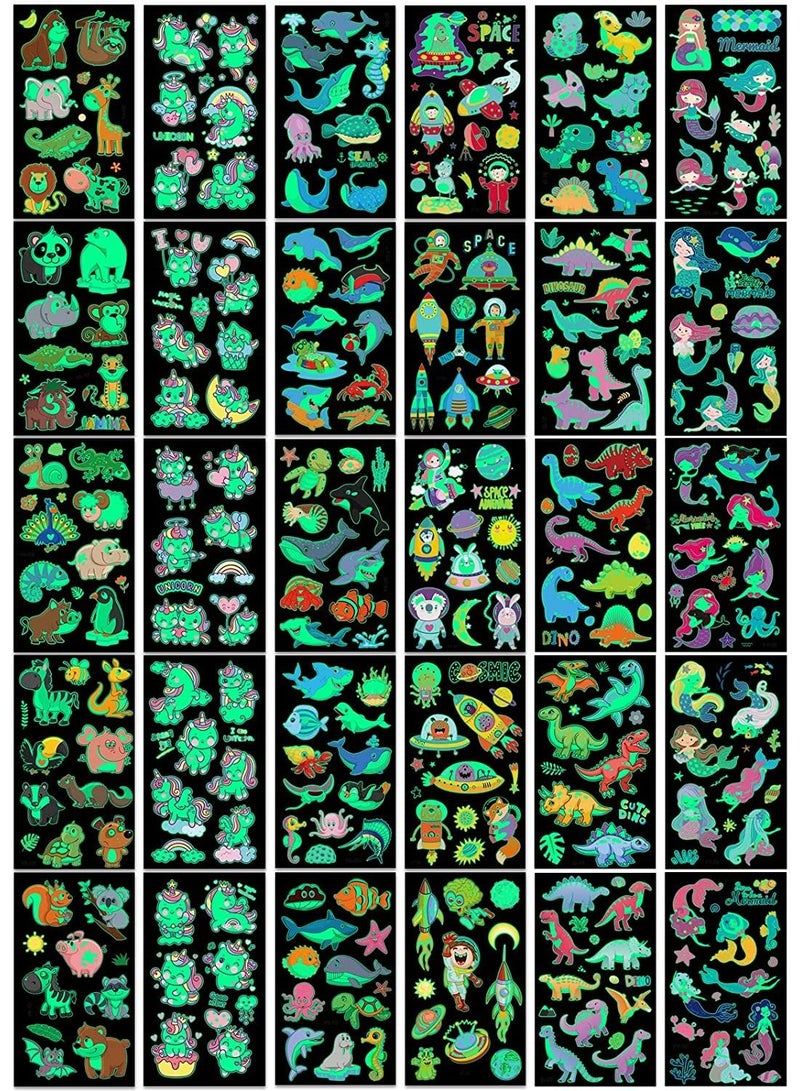 SYOSI 30 ورقة من وشوم مؤقتة تتلألأ في الظلام للأطفال مقاومة للماء لاصقة زائفة مختلطة بأشكال الديناصورات والوحوش والأسماك في الفضاء - Image 3