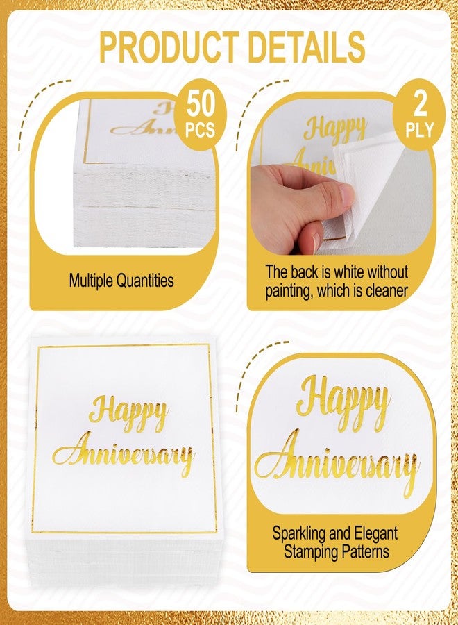 Vuzvuv 50 Pack Gold Foil Happy Anniversary Decorations Cocktail Napkins - Wedding Dating Anniversaries Party Dinner Hand Napkin for Party Supplies Decorations Table Decor (5" Folded 2 Ply) - Image 5