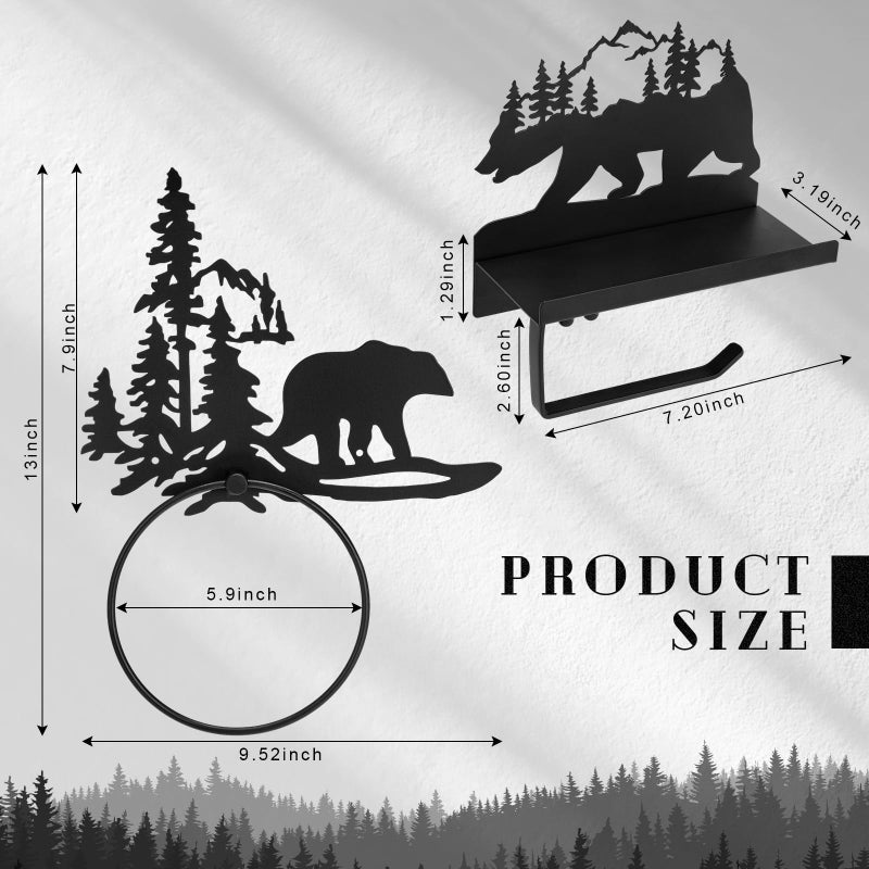 Funrous 2 Pcs Bear Toilet Paper Holder Bear Towel Ring Holder for Bathroom Black Bathroom Cabin Decor Holders with Shelf Rustic Wall Mount Forest Farmhouse Towel Rack for Home Kitchen - Image 2