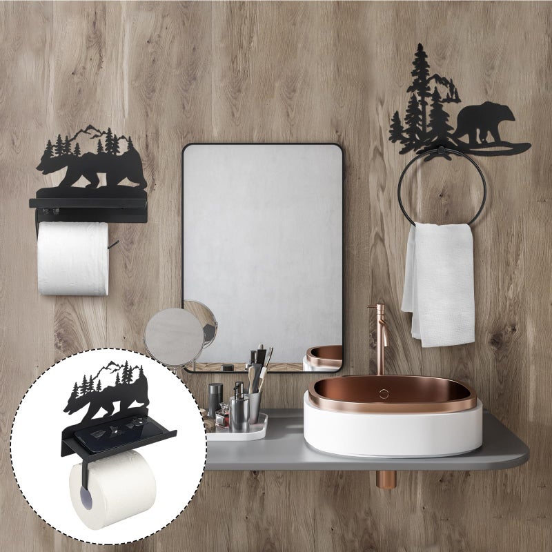 Funrous 2 Pcs Bear Toilet Paper Holder Bear Towel Ring Holder for Bathroom Black Bathroom Cabin Decor Holders with Shelf Rustic Wall Mount Forest Farmhouse Towel Rack for Home Kitchen - Image 4