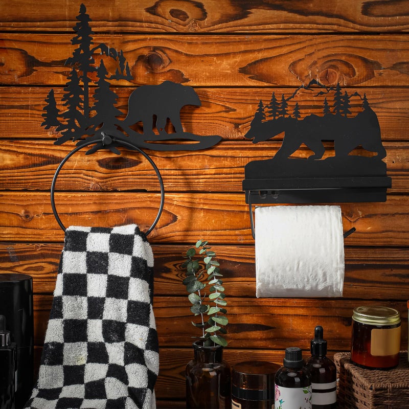Funrous 2 Pcs Bear Toilet Paper Holder Bear Towel Ring Holder for Bathroom Black Bathroom Cabin Decor Holders with Shelf Rustic Wall Mount Forest Farmhouse Towel Rack for Home Kitchen - Image 3