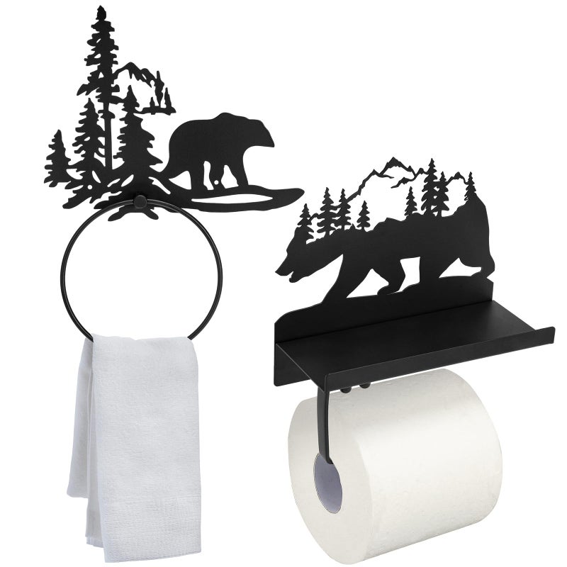 Funrous 2 Pcs Bear Toilet Paper Holder Bear Towel Ring Holder for Bathroom Black Bathroom Cabin Decor Holders with Shelf Rustic Wall Mount Forest Farmhouse Towel Rack for Home Kitchen - Image 1